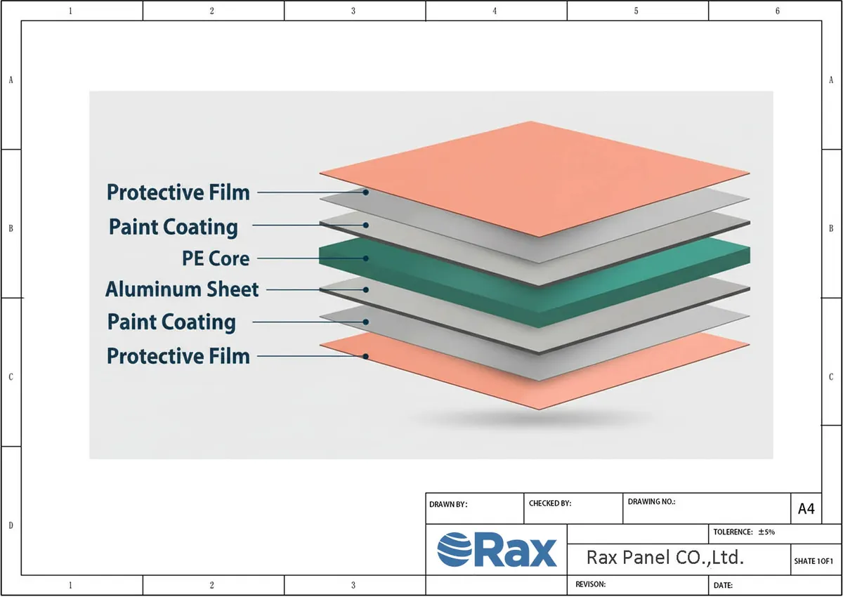 ACP aluminium composite panel structure drawing showing skins core and adhesive films