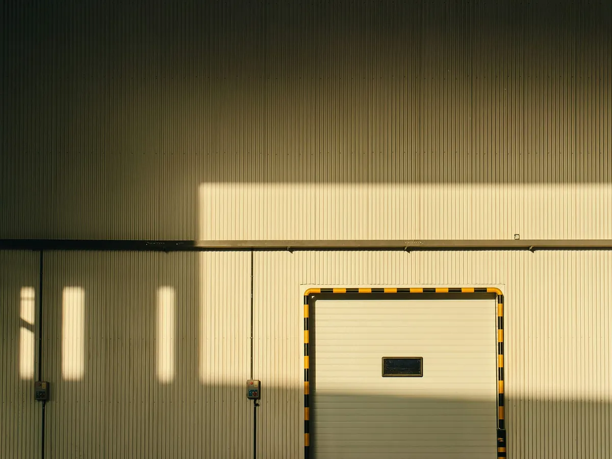 a white door in a building with a shadow on the wall