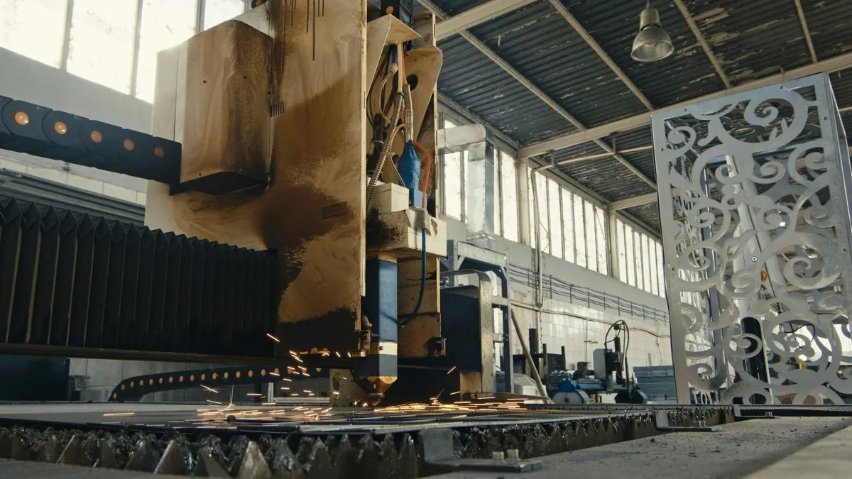 Hyper-realistic industrial photography of a CNC machine precisely cutting a composite sandwich panel for an RV component, showcasing accuracy and customization capabilities, with a focus on the cutting tool and the clean edge of the panel, bright factory lighting, clean composition, no text, no brand logo. The scene emphasizes RV weight reduction.