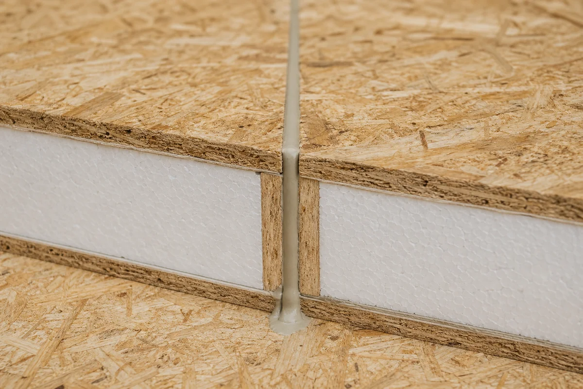 Hyper-realistic product photography, a detailed view of a sealed joint between two structural insulated panels (SIPs), showing airtight sealant and perfect alignment, macro shot, clean composition, no text, no brand logo