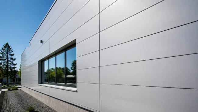 Hyperrealistic Product Photography A Largescale Architectura Comparison Hyper-realistic product photography, a large-scale architectural installation using Rax Panel insulated sandwich panels for a modern building facade, sunny day lighting, showcasing durability and aesthetic value, no text, no brand logo