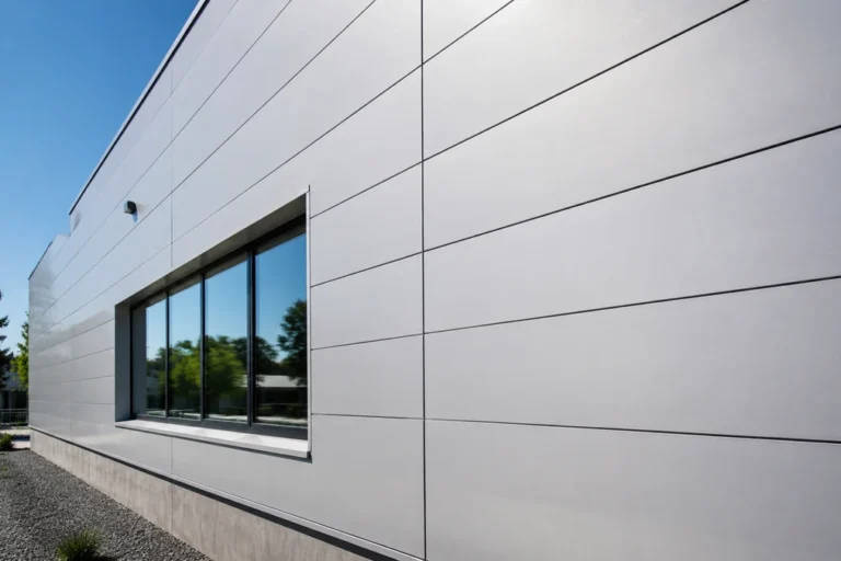 Hyper-realistic product photography, a large-scale architectural installation using Rax Panel insulated sandwich panels for a modern building facade, sunny day lighting, showcasing durability and aesthetic value, no text, no brand logo