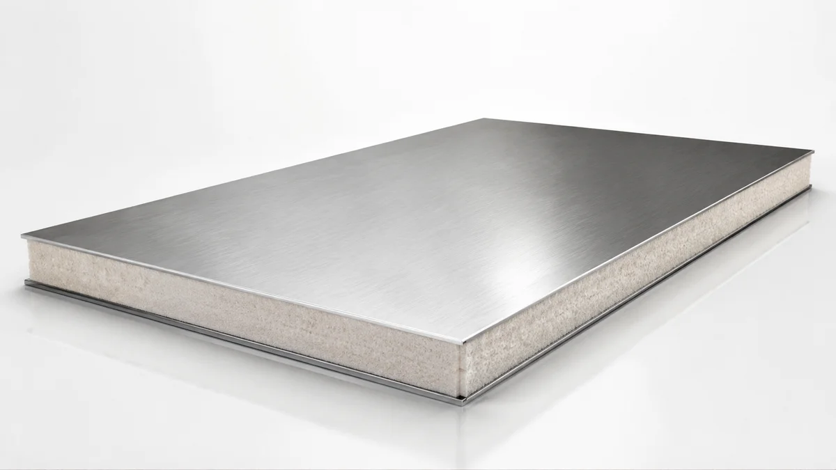 Hyper-realistic product photography, a Rax Panel stainless steel facing sandwich panel, reflecting light to show corrosion resistance and hygiene, clinical white background, clean composition, no text, no brand logo