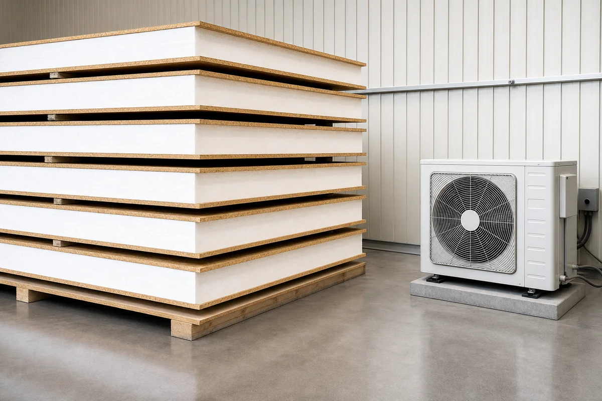 Hyper-realistic product photography, a stack of structural insulated panels (SIPs) in a warehouse next to a compact HVAC unit, symbolizing reduced equipment size due to high insulation, clean industrial lighting, clean composition, no text, no brand logo