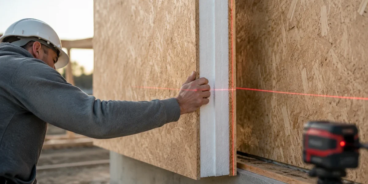 Hyperrealistic Product Photography A Structural Insulated Pa Layout Hyper-realistic product photography, a structural insulated panel (SIP) being precisely aligned with another panel using laser levels, construction site background, clean composition, no text, no brand logo