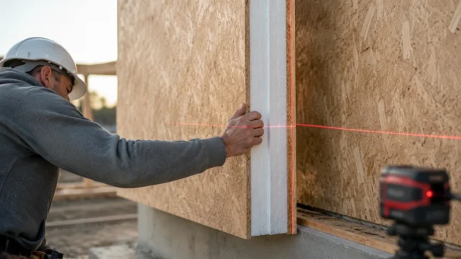 Hyperrealistic Product Photography A Structural Insulated Pa Layout Hyper-realistic product photography, a structural insulated panel (SIP) being precisely aligned with another panel using laser levels, construction site background, clean composition, no text, no brand logo