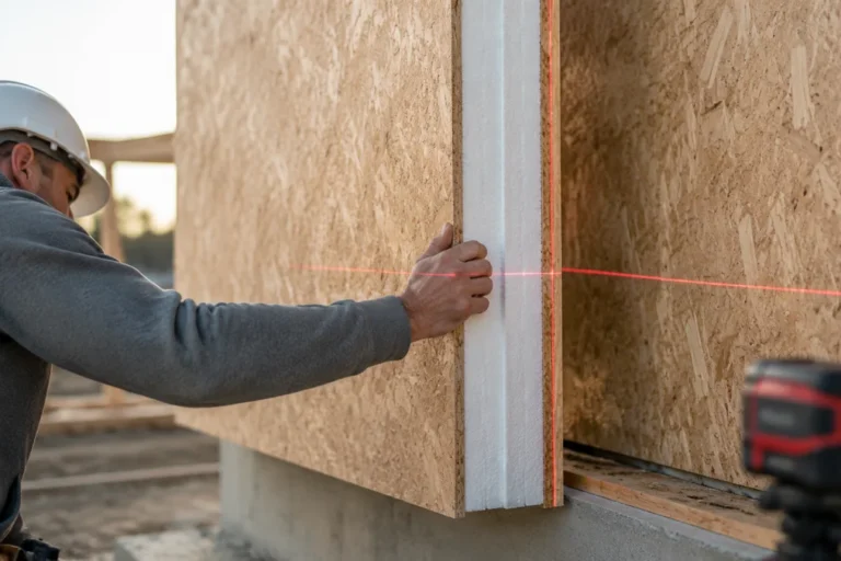 Hyper-realistic product photography, a structural insulated panel (SIP) being precisely aligned with another panel using laser levels, construction site background, clean composition, no text, no brand logo