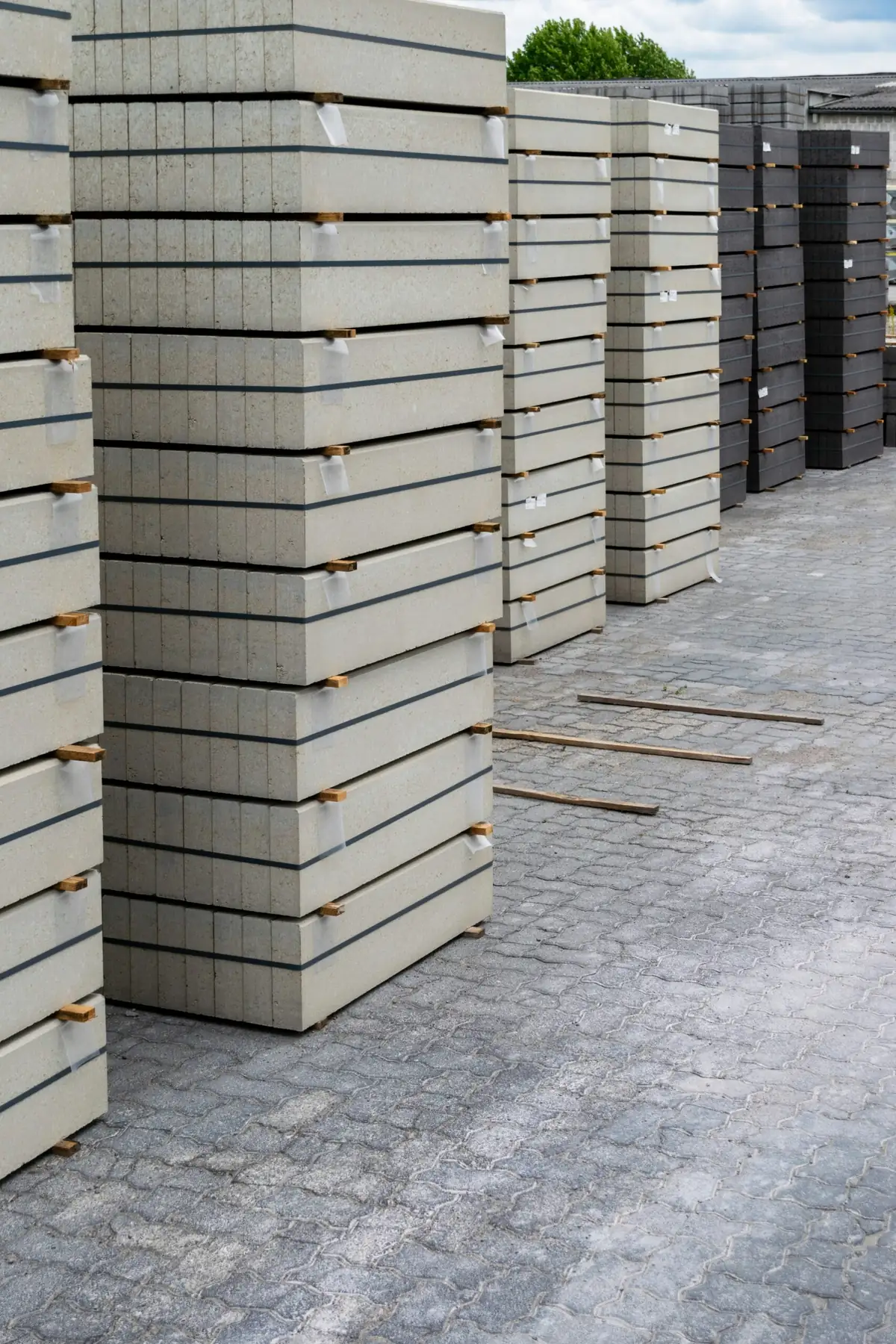 Hyper-realistic product photography of a large, organized stack of various composite sandwich panels (CFRT, GRP/FRP honeycomb, foam core) in a warehouse setting, implying bulk quantity and efficient storage, with a subtle hint of an RV production line in the distant background, industrial warehouse lighting, clean composition, no text, no brand logo. The scene emphasizes RV weight reduction.