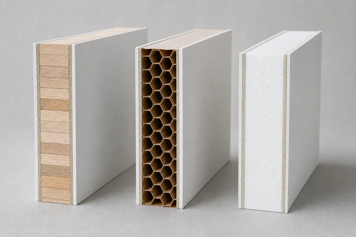 Hyper-realistic product photography, three structural insulated panels side-by-side showing different core materials including balsa, honeycomb, and foam, arranged for comparison, neutral background, no text, no brand logo