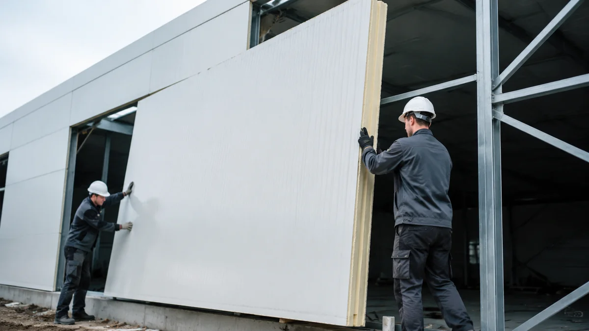 Hyper-realistic product photography, workers installing a large PUR sandwich panel onto a cold storage wall frame, demonstrating ease of assembly and labor efficiency, dynamic angle, no text, no brand logo